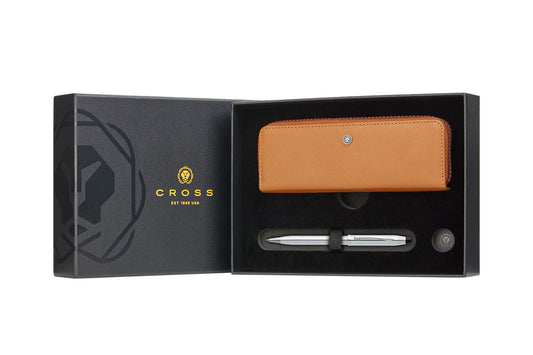 Century II Lustrous Chrome Ballpoint Pen with Mocha Zippered Leather Double Pen Case Gift Set