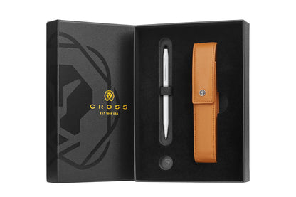 Classic Century Lustrous Chrome Ballpoint Pen with Mocha Magnetic Leather Single Pen Case Gift Set