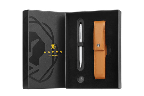 Cross pen and leather case set in a black box with Cross branding.