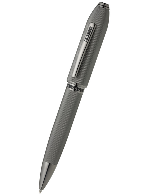 Silver pen with detailed design on a white background