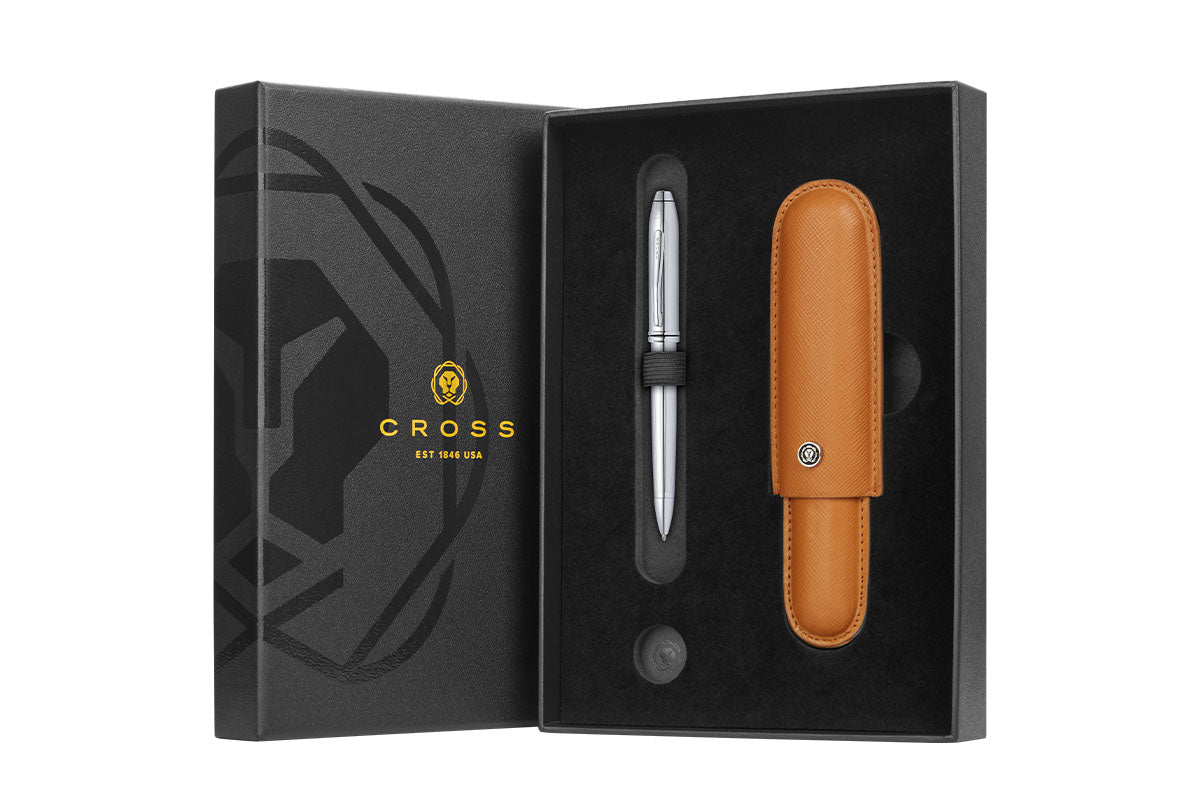 Townsend Lustrous Chrome Ballpoint Pen with Mocha Cigar Style Leather Single Pen Case Gift Set