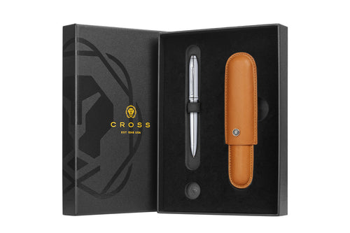 Townsend Lustrous Chrome Ballpoint Pen with Mocha Cigar Style Leather Single Pen Case Gift Set
