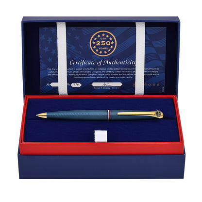Blue pen with gold accents in a red and blue box, featuring a certificate of authenticity.