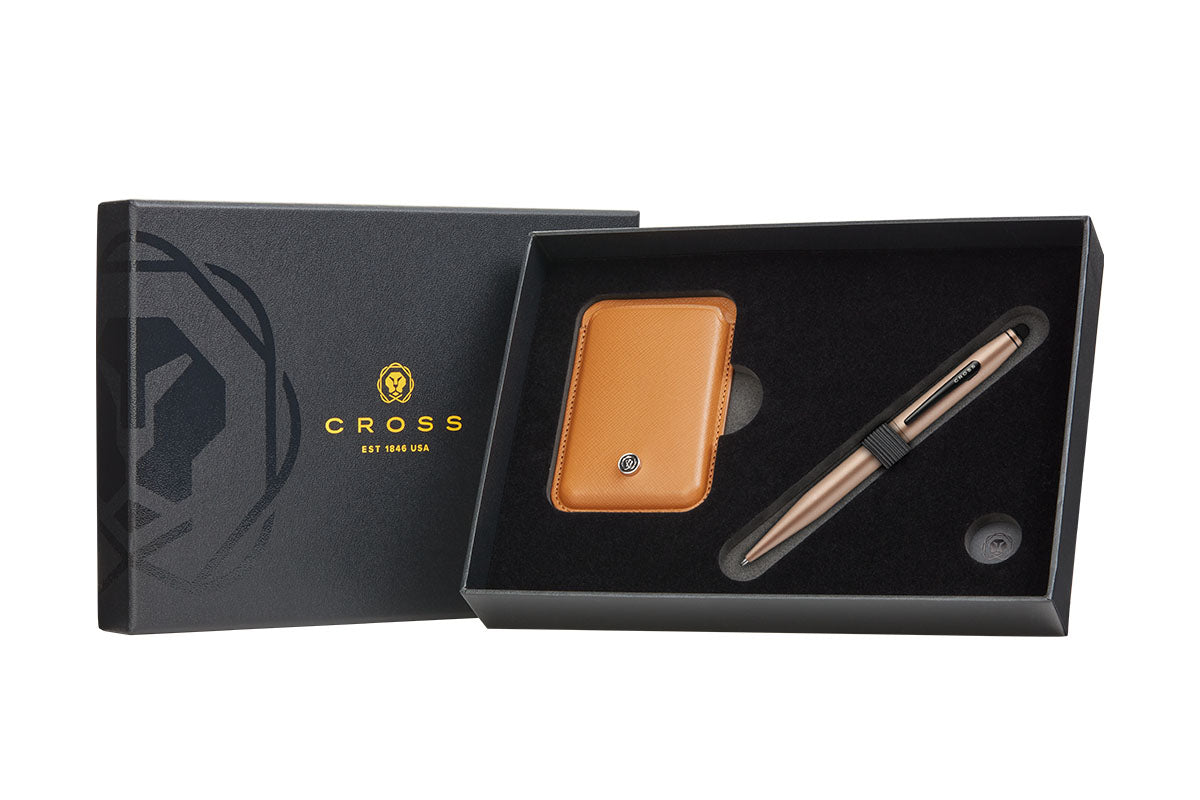 Tech2 Satin Metallic Macchiato Pen with Mocha Leather Magnetic Card Holder Gift Set