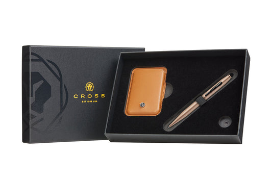 Tech2 Satin Metallic Macchiato Pen with Mocha Leather Magnetic Card Holder Gift Set