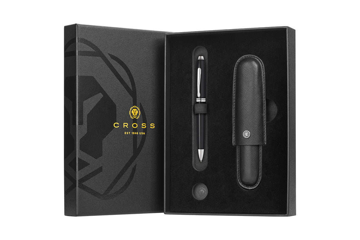 Townsend Black Lacquer Ballpoint Pen with Classic Black Cigar Style Leather Single Pen Case Gift Set