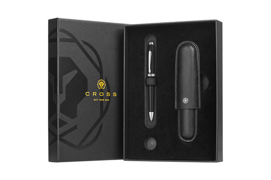 Townsend Black Lacquer Ballpoint Pen with Classic Black Cigar Style Leather Single Pen Case Gift Set