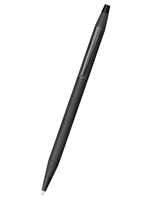 Black pen with textured grip on a white background