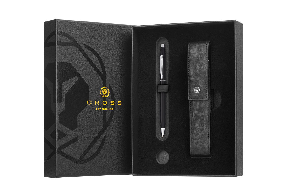 Classic Century Black Lacquer Ballpoint Pen with Classic Black Magnetic Leather Single Pen Case Gift Set