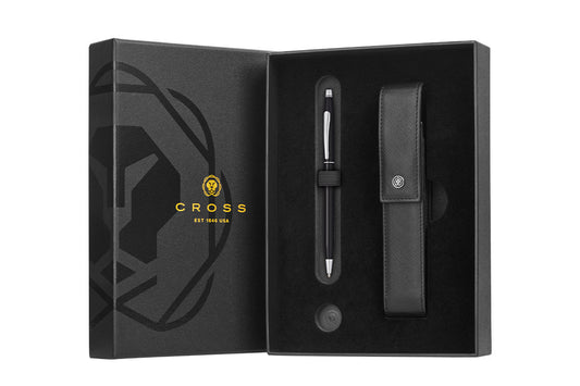 Classic Century Black Lacquer Ballpoint Pen with Classic Black Magnetic Leather Single Pen Case Gift Set