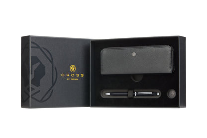 Century II Black Lacquer with Chrome Ballpoint Pen with Classic Black Zippered Leather Double Pen Case Gift Set