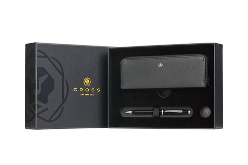 Century II Black Lacquer with Chrome Ballpoint Pen with Classic Black Zippered Leather Double Pen Case Gift Set