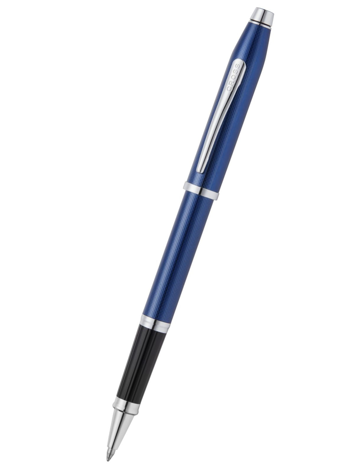Blue pen with silver accents on a white background
