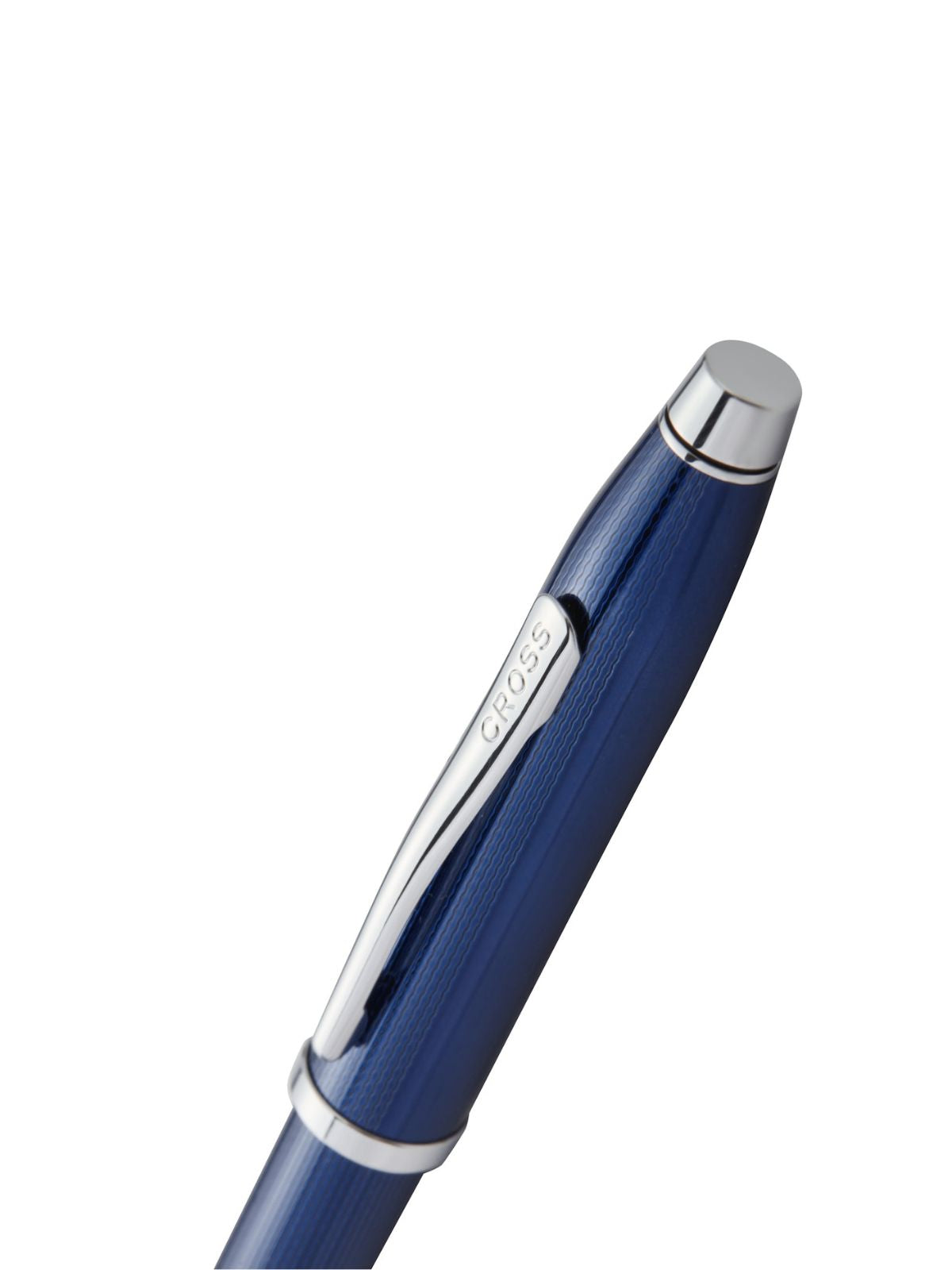 Blue pen with silver accents on a white background