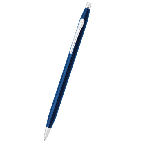 Blue pen with silver accents on a white background