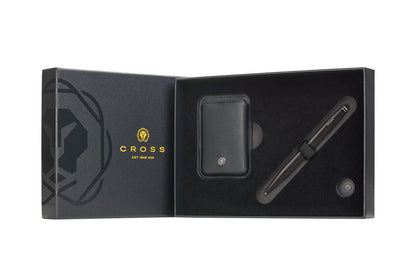 Tech2 Satin Black Pen with Classic Black Leather Magnetic Card Holder Gift Set
