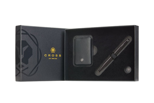 Tech2 Satin Black Pen with Classic Black Leather Magnetic Card Holder Gift Set