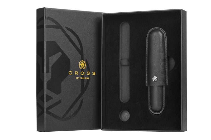 Classic Black Leather Cigar Style Single Pen Case Gift Bundle