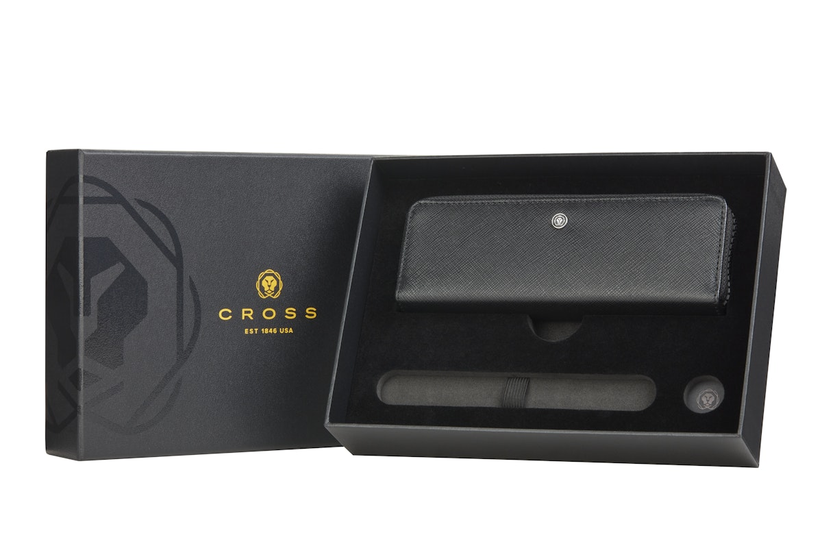 Classic Black Leather Zippered Double Pen Case Gift Bundle