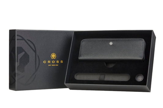 Classic Black Leather Zippered Double Pen Case Gift Bundle