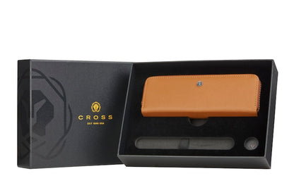 Mocha Leather Zippered Double Pen Case Gift Bundle