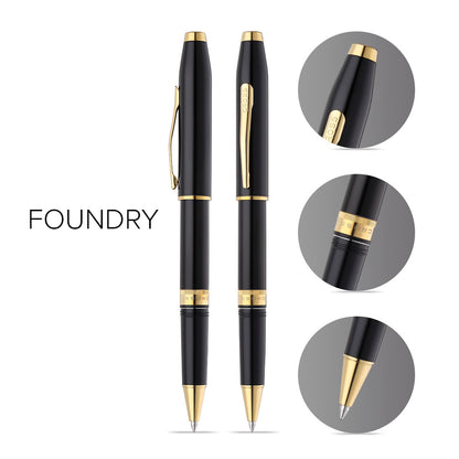 Foundry Glossy Black Lacquer with PVD Gold Appointments Rollerball Pen