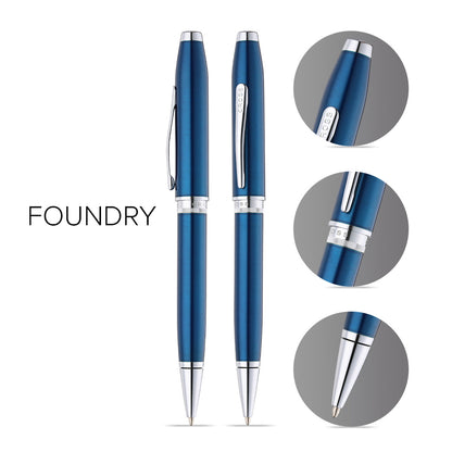 Foundry Glossy Translucent Blue Lacquer with Polished Chrome Appointments Ballpoint Pen