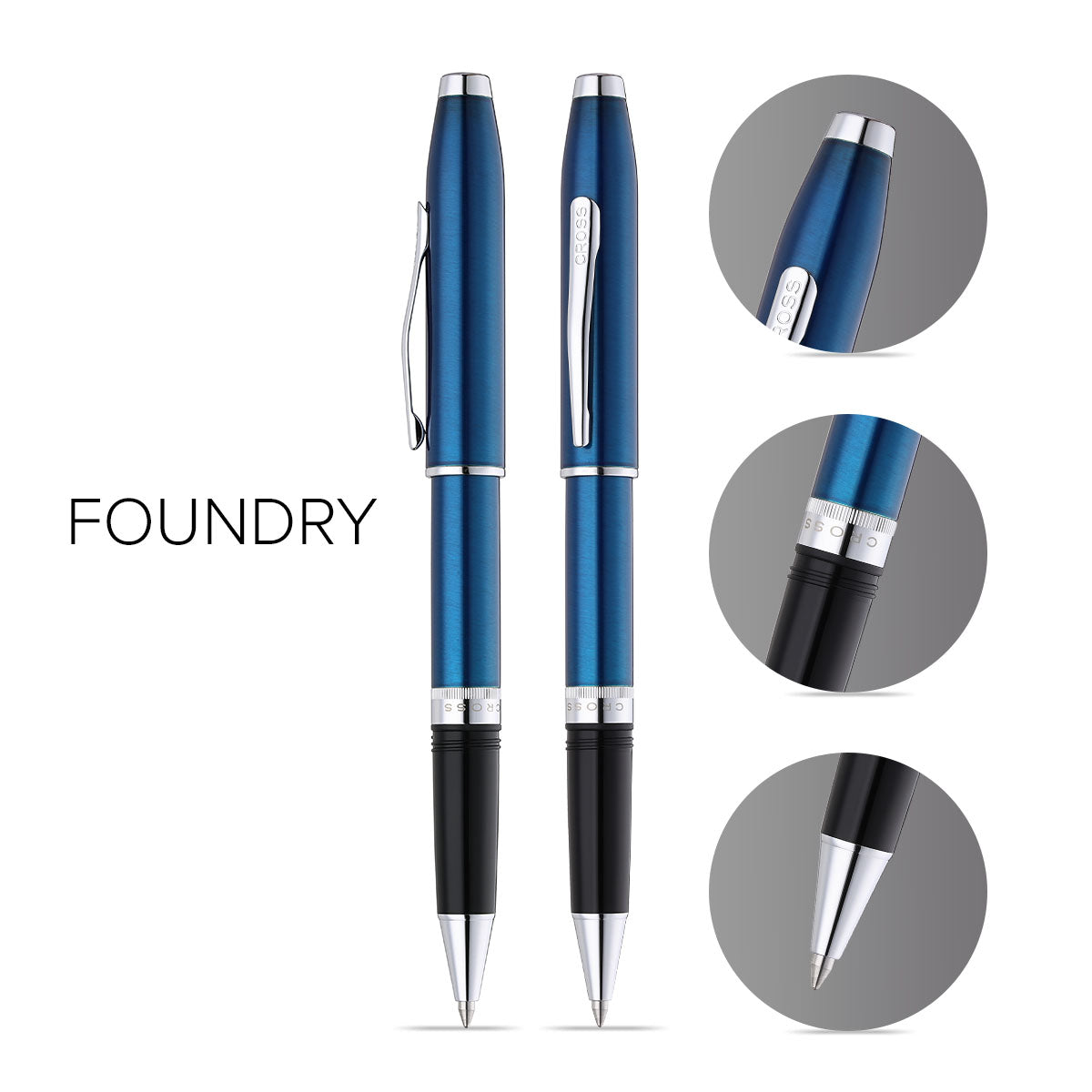 Foundry Glossy Translucent Blue Lacquer with Polished Chrome Appointments Rollerball Pen