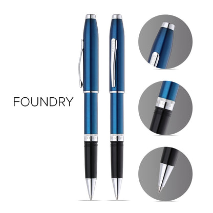 Foundry Glossy Translucent Blue Lacquer with Polished Chrome Appointments Rollerball Pen