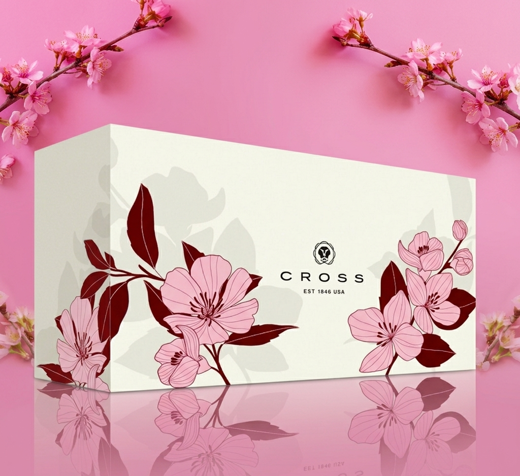 Floral design on a Cross product packaging against a pink background with cherry blossoms.