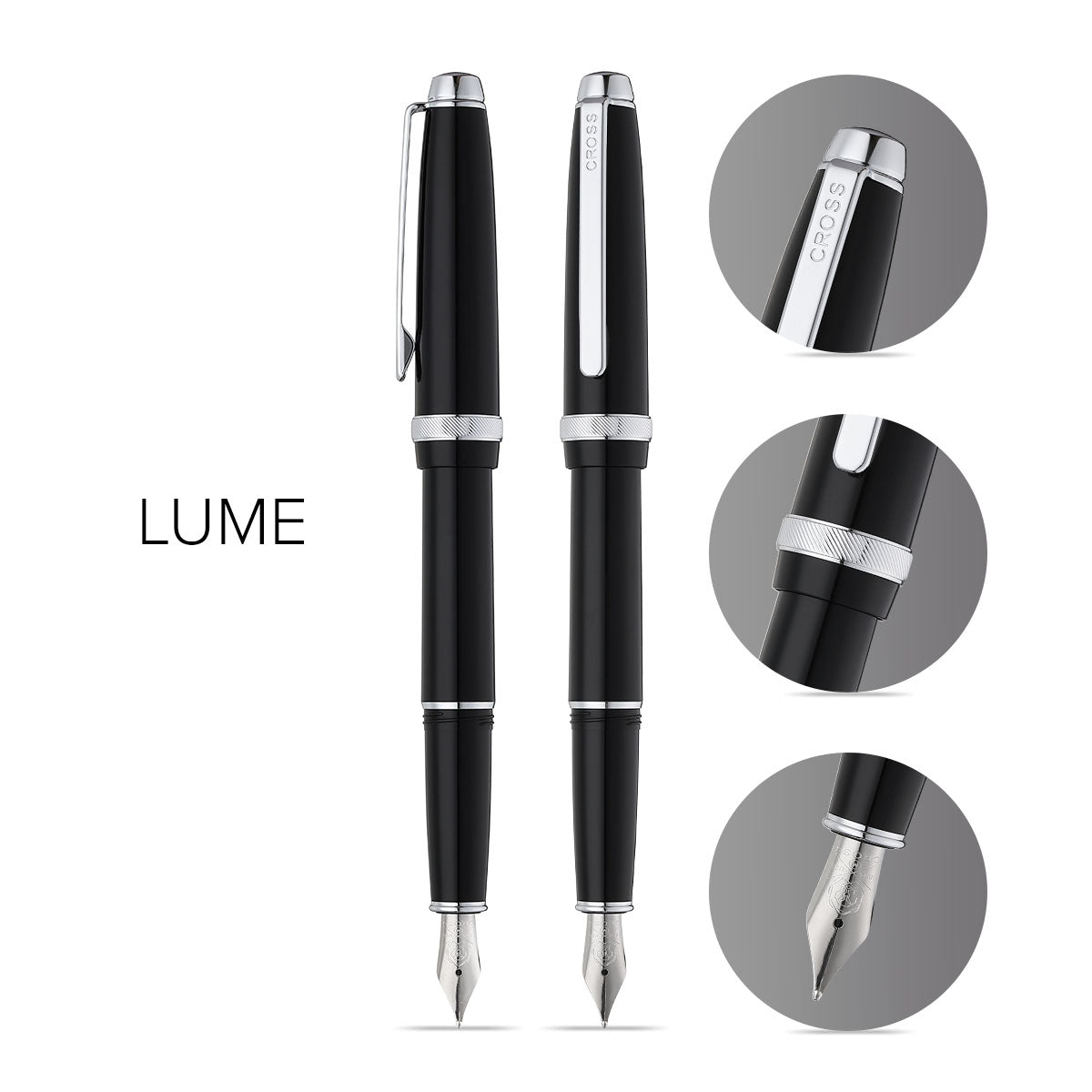 Lume Obsidian Black with Chrome Appointments and Stainless Steel Medium Nib Fountain Pen