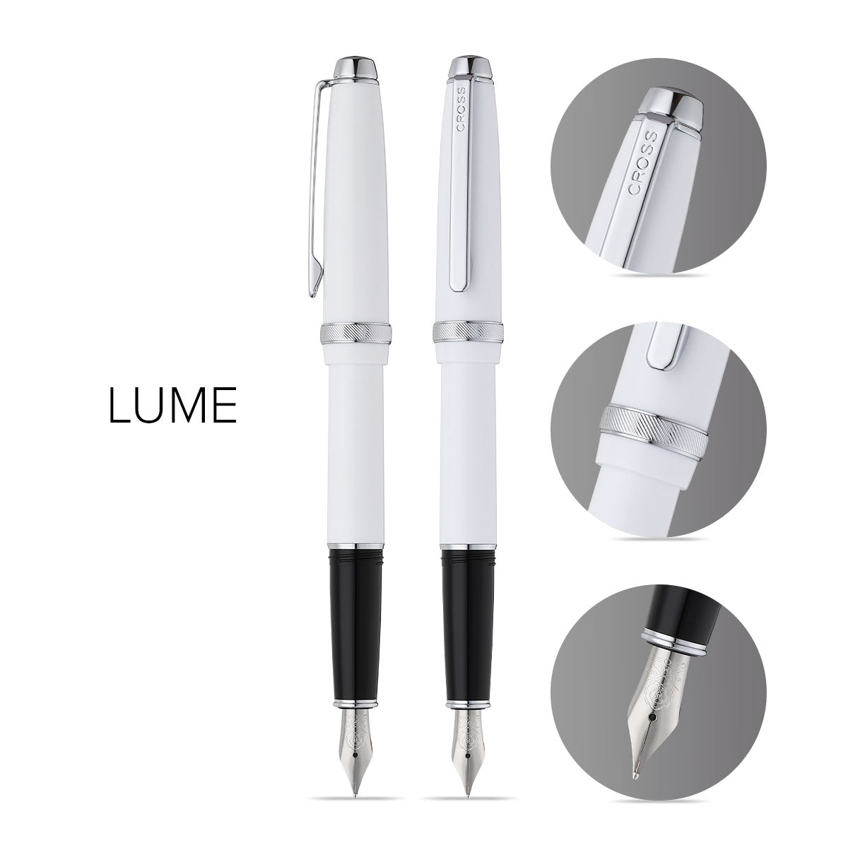 Lume Porcelain White with Polished Chrome Appointments and Polished Chrome Stainless Steel Medium Nib Fountain Pen