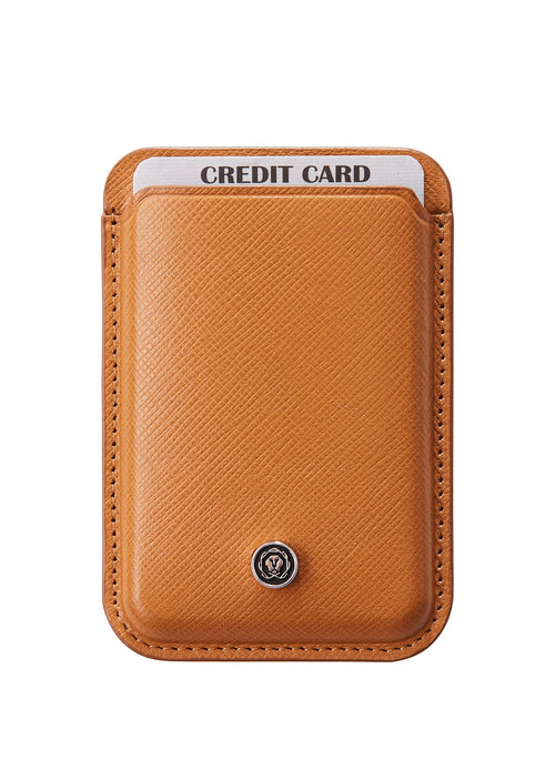 Brown leather cardholder with a visible brand logo on a white background