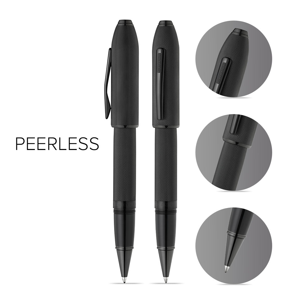 Peerless™ Polished Black PVD Engraved Diamond Pattern with Black PVD Appointments and Swarovski Crystal Rollerball Pen