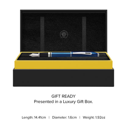 Peerless™ Translucent Quartz Blue Engraved Lacquer with Platinum Plated Appointments and Rhodium Plated 18KT Solid Gold Fine Nib Fountain Pen