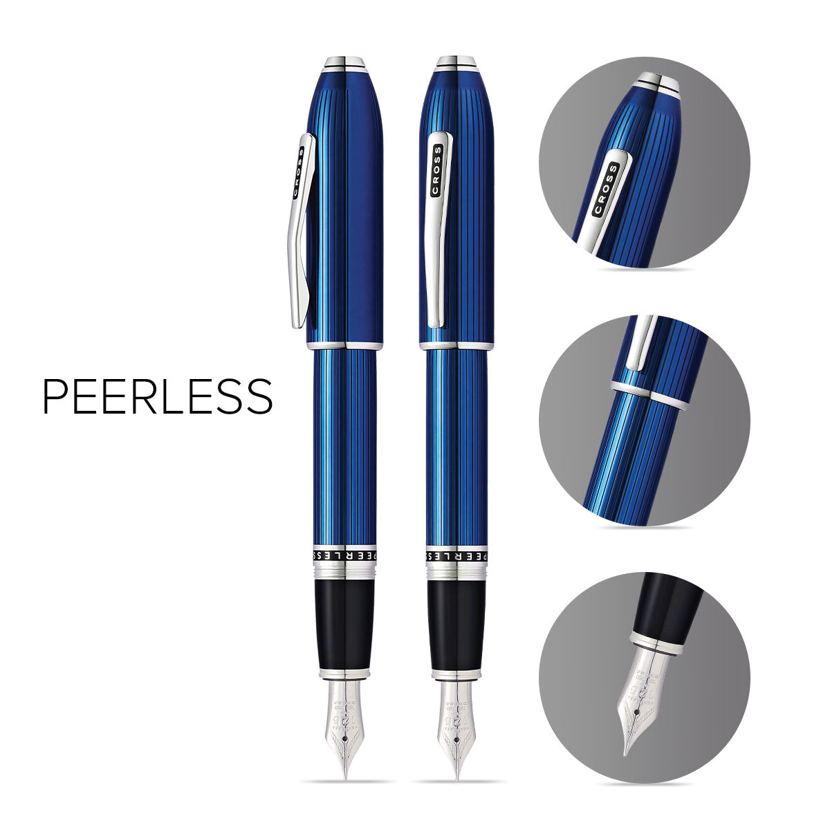 Peerless™ Translucent Quartz Blue Engraved Lacquer with Platinum Plated Appointments and Rhodium Plated 18KT Solid Gold Fine Nib Fountain Pen