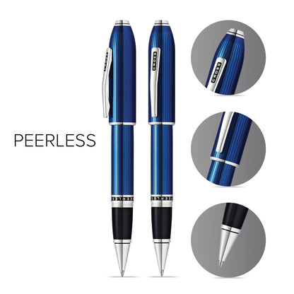 Peerless™ Translucent Quartz Blue Engraved Lacquer Platinum Plated Appointments Rollerball Pen