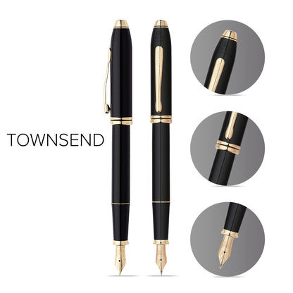 Townsend® Black Lacquer with 23KT Gold-Plated Appointments and Solid 18KT Gold Medium Nib Fountain Pen