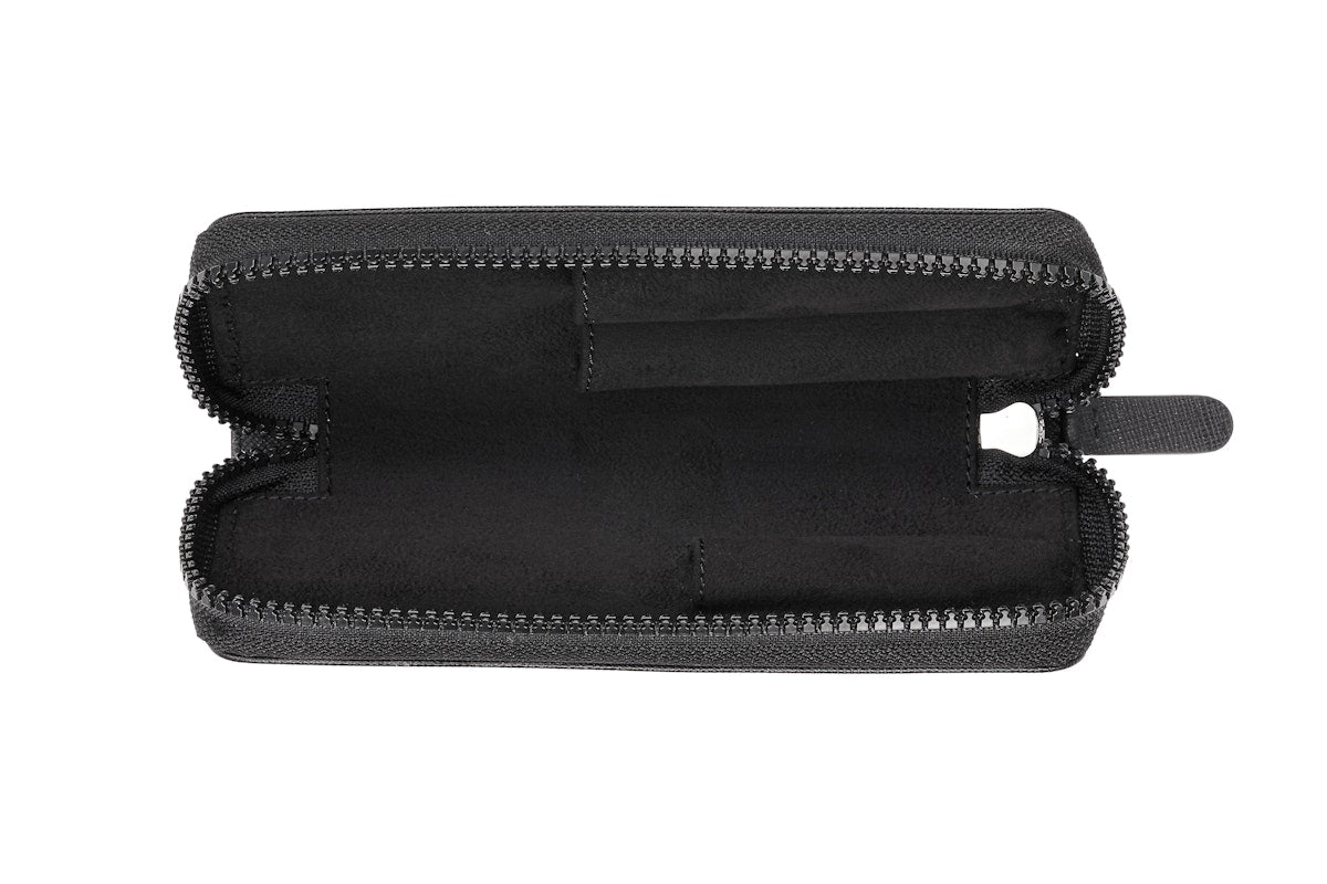 Classic Black Leather Zippered Double Pen Case