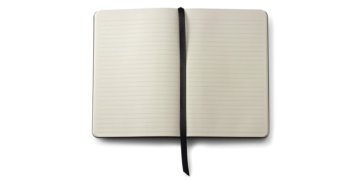 Open notebook with lined pages on a white background