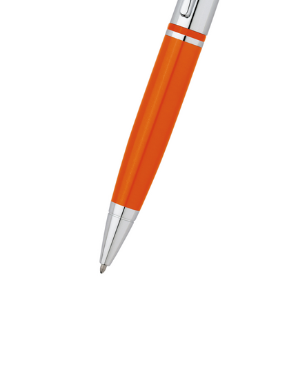 Orange pen with silver accents on a white background