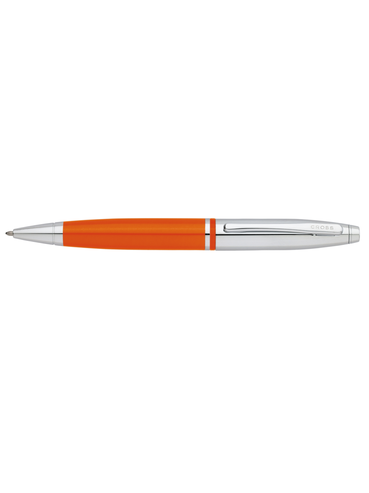Pen with orange accent and silver body on a white background