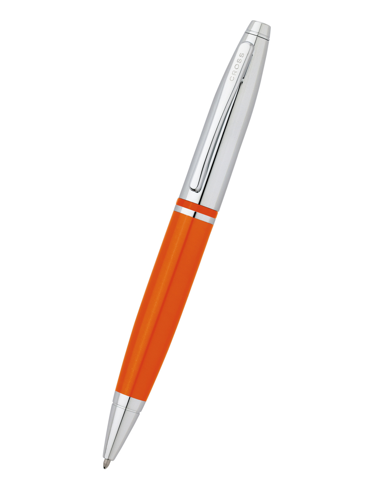 Pen with orange body and silver accents on a white background