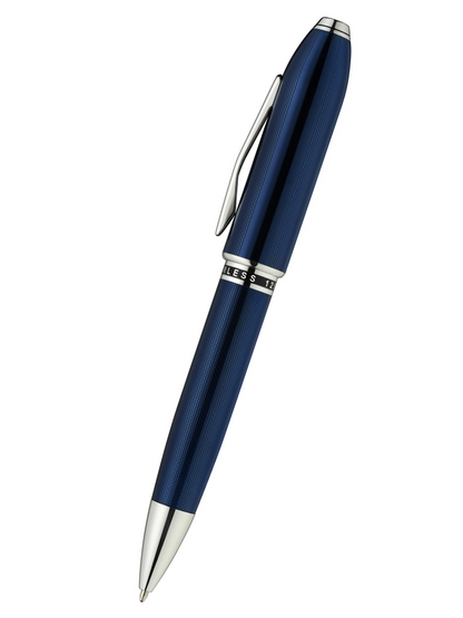 Blue pen with silver accents on a white background