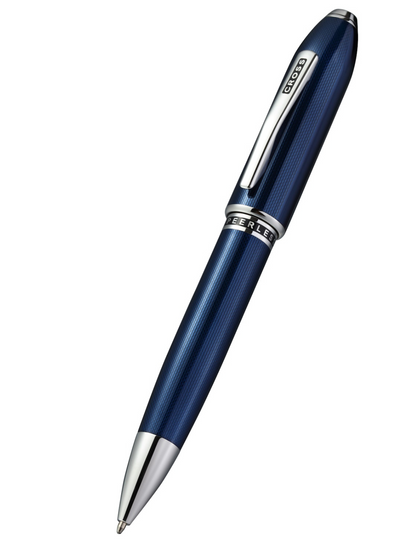 Blue pen with silver accents on a white background