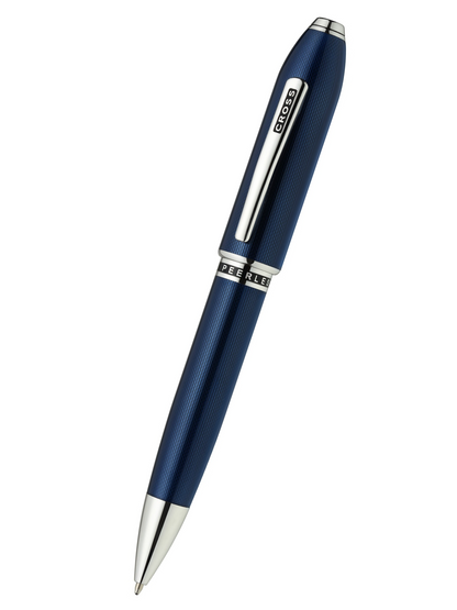 Blue pen with silver accents on a white background