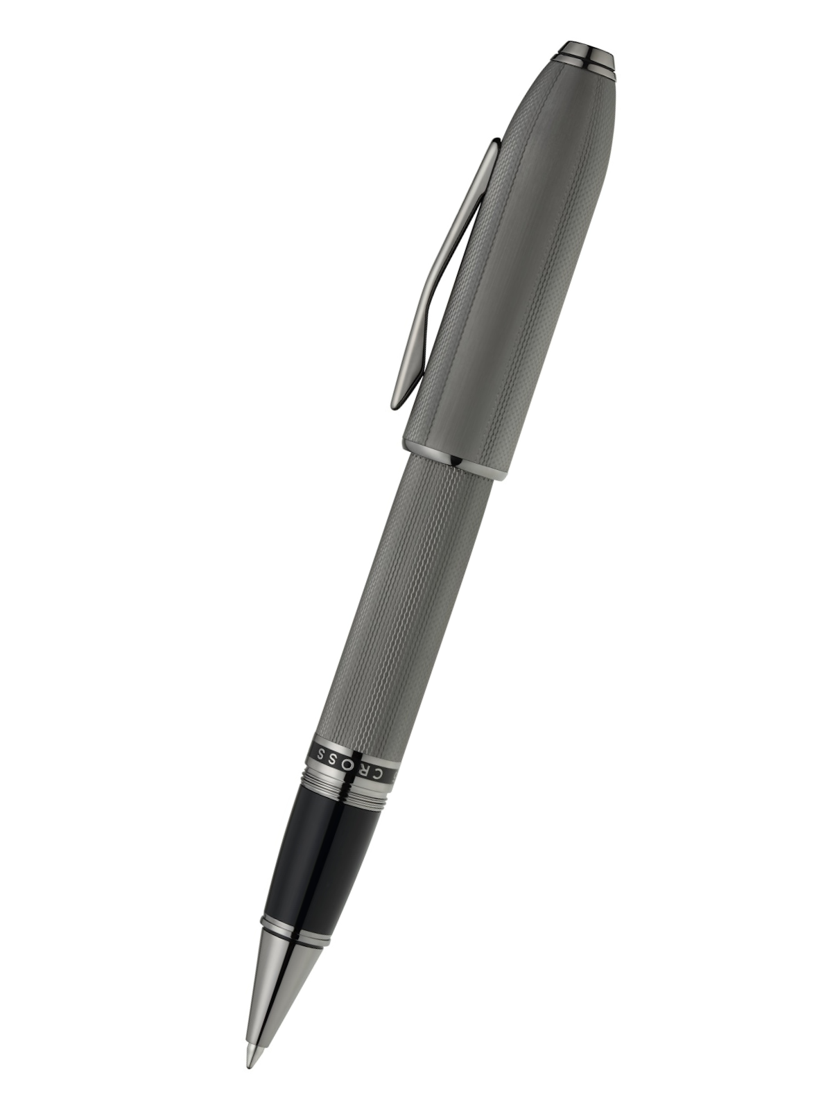 Silver pen with black accents on a white background