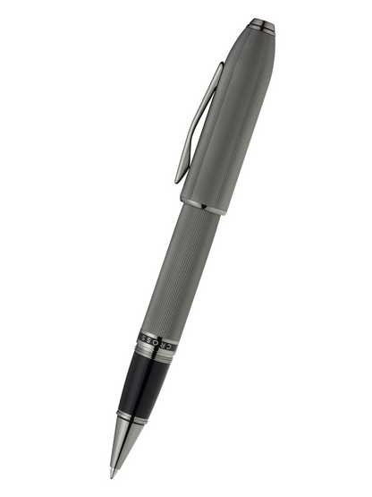 Silver pen with black accents on a white background