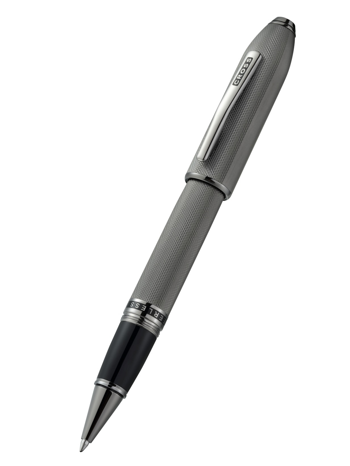Silver pen with black accents on a white background