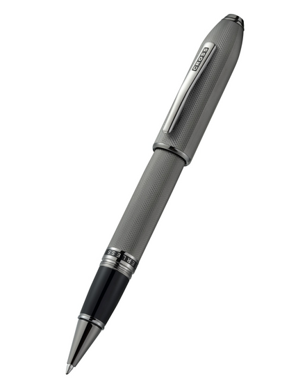 Silver pen with black accents on a white background